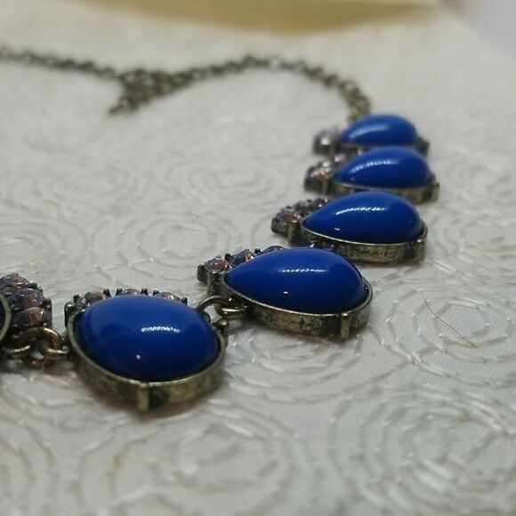 J.Crew Blue Necklace Oval Drop Rhinestone Link Station Statement Antique Gold - Picture 4 of 9